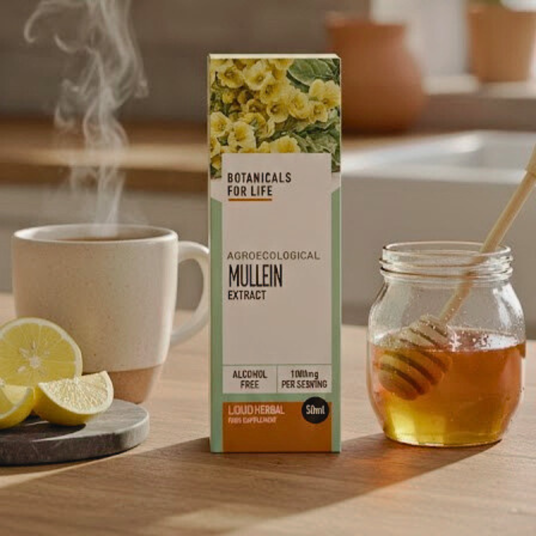 Botanicals For Life Agroecological Mullein Extract (alcohol-free) 50ml bottle on kitchen table with steaming herbal tea, honey jar and sliced lemon